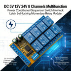 IO25E08 8CH Multifunction Relay Module – DC 5V/12V/24V Power Conditioner Sequencer with Interlock Latch Self-locking Momentary Modes