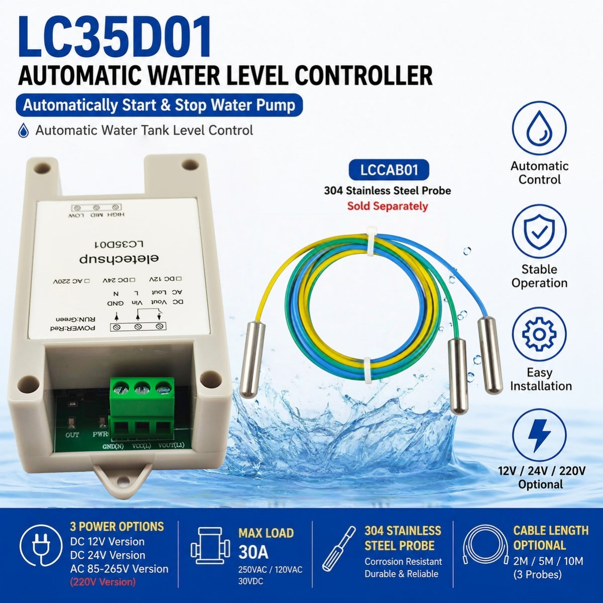 LC35D01 30A Automatic Water Level Controller Pump Relay / 304 Stainless Steel Sensor Probe DC 12V 24V AC 220V For Tower Pool Dam
