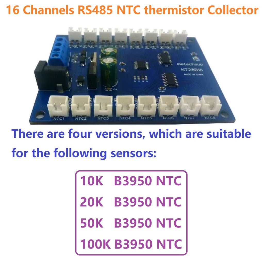 NT28B16 16CH RS485 Temperature Collector – Modbus RTU Paperless Recorder with 10K/20K/50K/100K B3950 NTC Sensor for PLC SCADA