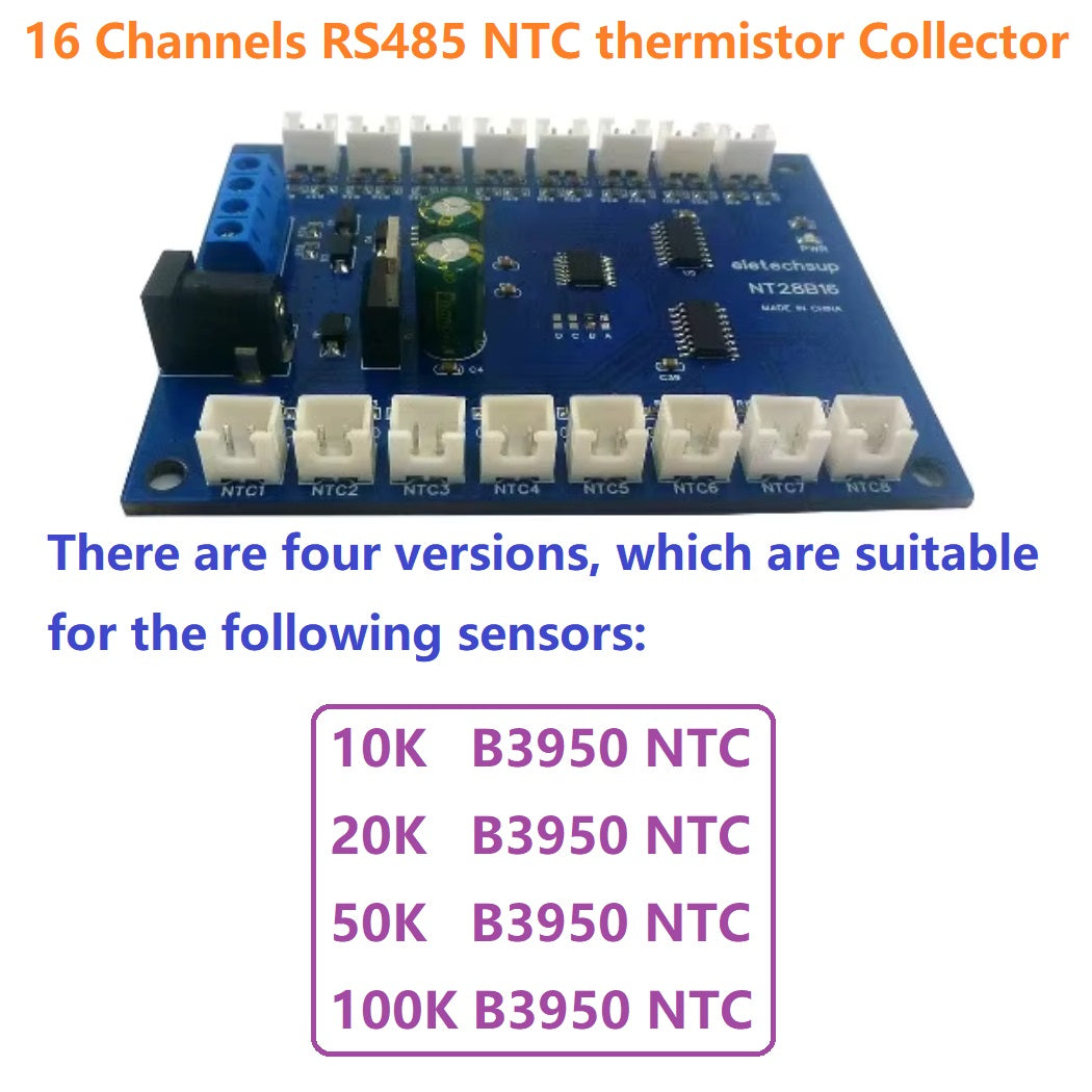 NT28B16 16CH RS485 Temperature Collector – Modbus RTU Paperless Recorder with 10K/20K/50K/100K B3950 NTC Sensor for PLC SCADA