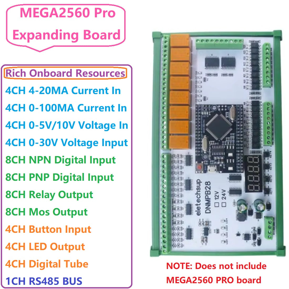 DNMPB28 16AI-16DI-16DO Relay Board for Arduino MEGA2560 Pro – 4-20mA/0-10V Analog Input RS485 Modbus MOS Relay IO Expansion