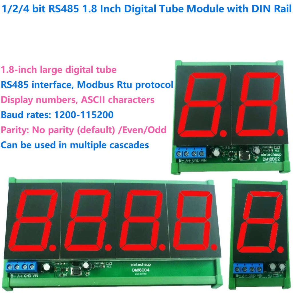 DM18A01 DM18B02 DM18C04 1.8 RS485 Modbus RTU LED Display Module – DC 12V/24V Digital Tube Panel Meter for PLC HMI Industrial Automation