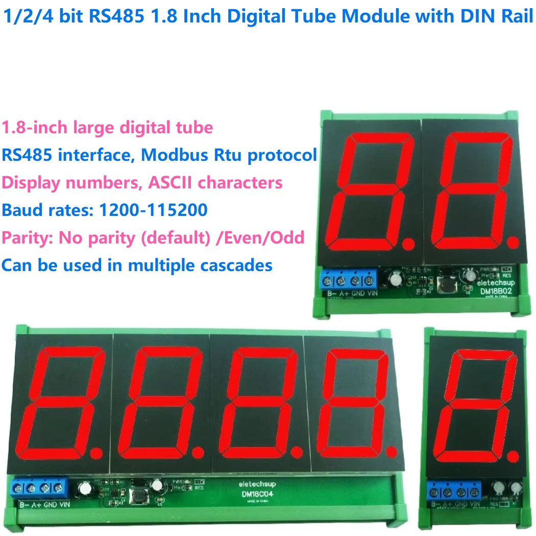 DM18A01 DM18B02 DM18C04 1.8 RS485 Modbus RTU LED Display Module – DC 12V/24V Digital Tube Panel Meter for PLC HMI Industrial Automation