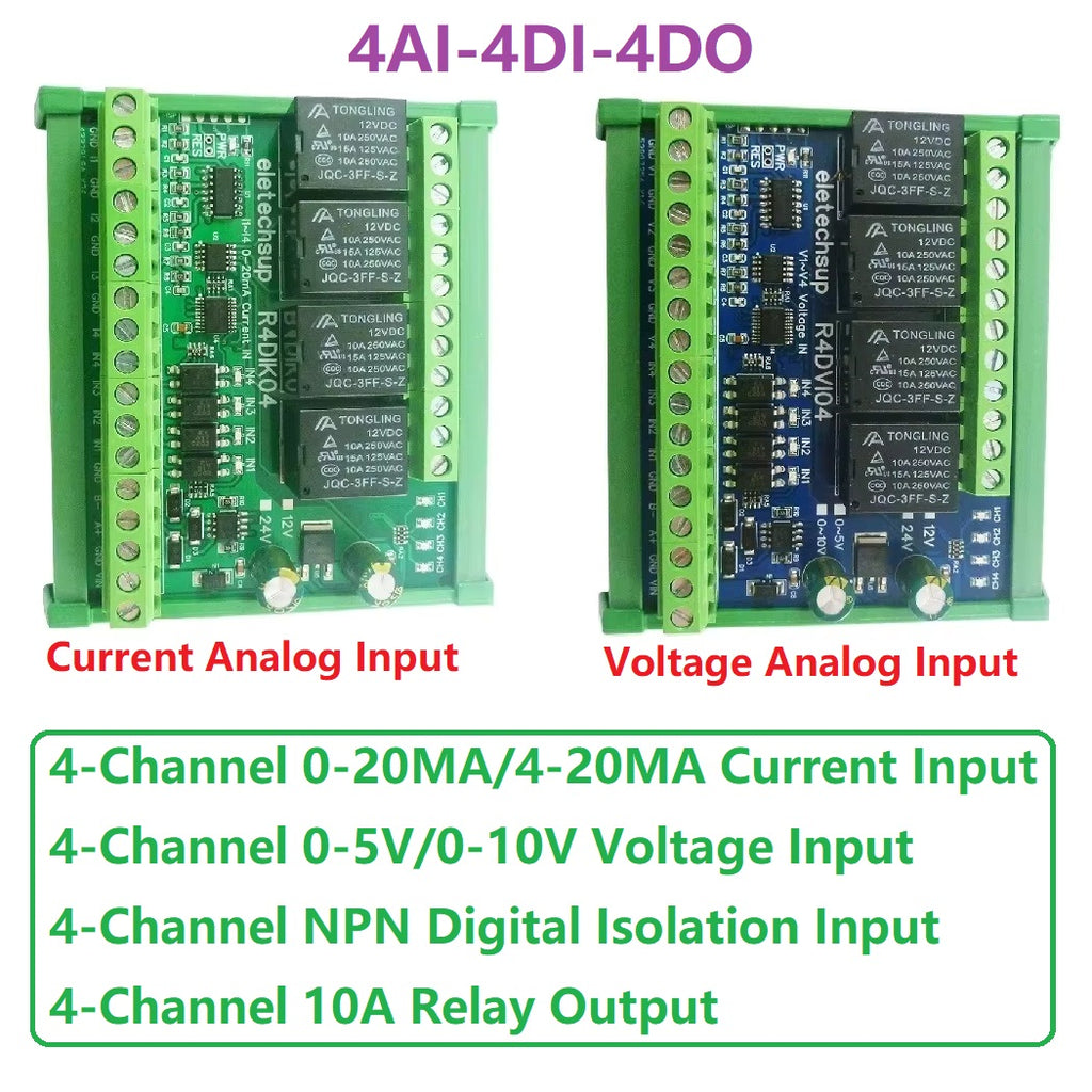R4DIK04 R4DVI04 Modbus RTU RS485 Remote IO Module 4AI 4DI 4DO 4-20mA 0-20mA 0-5V 0-10V Relay Board 12V 24V