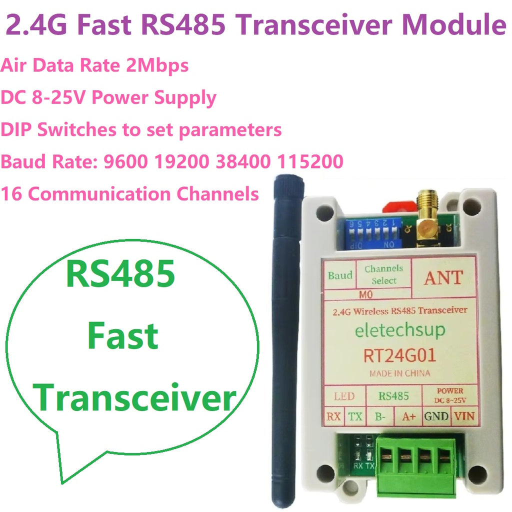 RT24G01 2Mbps 2.4G Wireless RS485 Transceiver – 20dBm DIN Rail DTU Module with DIP Switch & Modbus RTU for PLC Industrial Automation