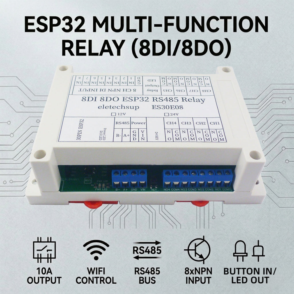 ES30E08 8DI 8DO Relay Module RS485 PLC Controller Shield for 30Pin ESP32 Development Board DC 12V 24V NPN Input
