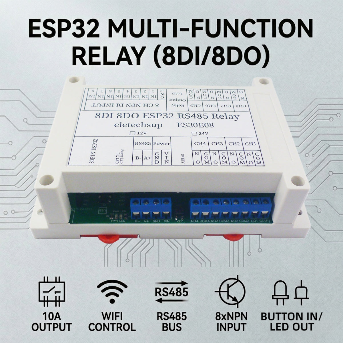 ES30E08 8DI 8DO Relay Module RS485 PLC Controller Shield for 30Pin ESP32 Development Board DC 12V 24V NPN Input