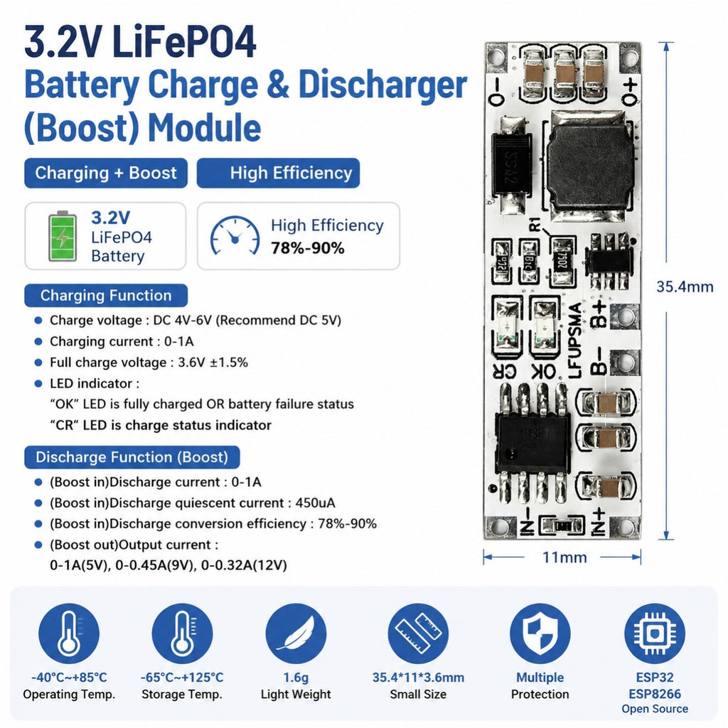 LFUPSMA 2-in-1 LiFePO4 UPS Module, 1S 3.2V Battery Charger & DC-DC Boost Converter 5V/9V/12V for 32700 18650 Solar DIY