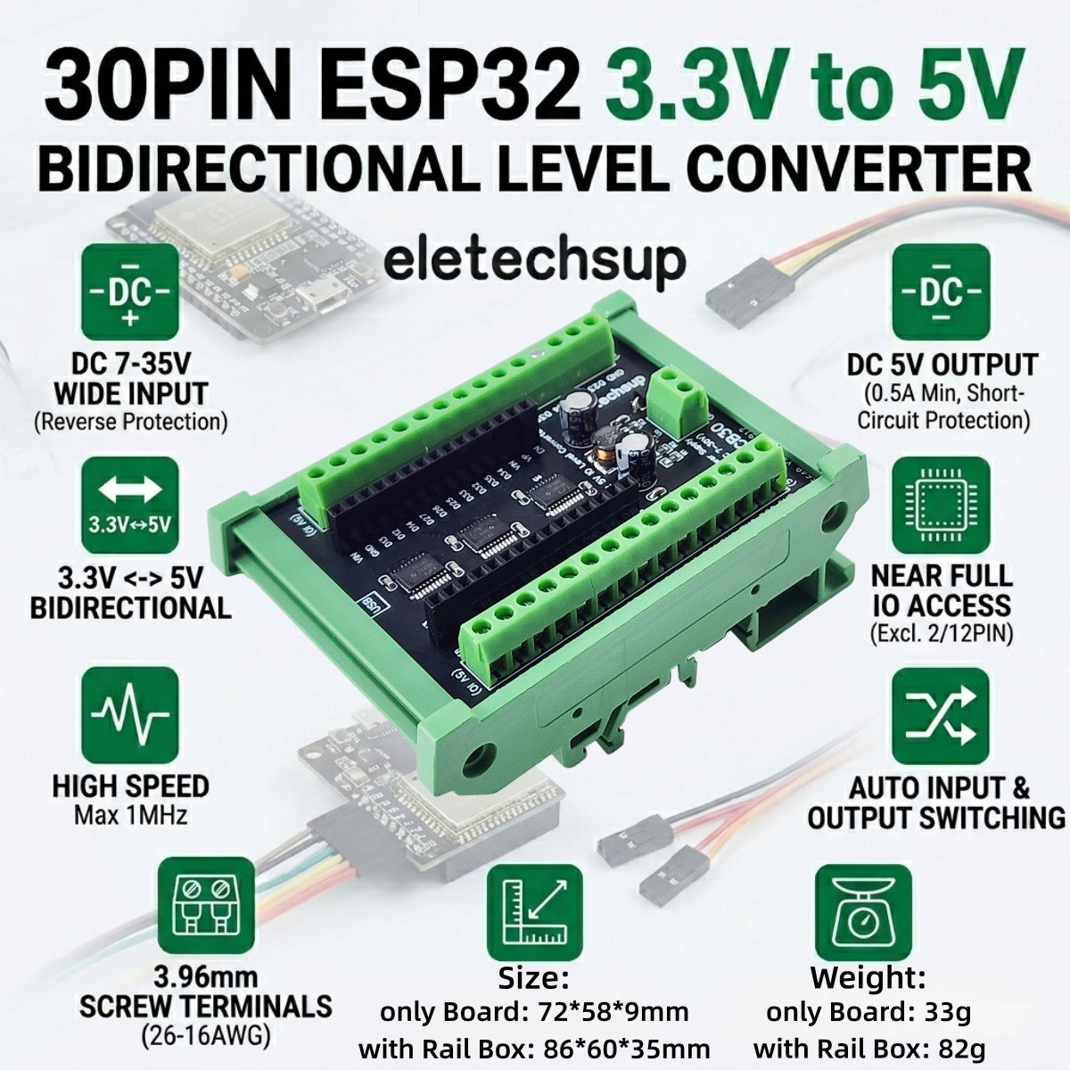 DNLCB30 ESP32 3.3V 5V Bidirectional Level Converter High Speed 1MHz IO Shifter for UART SPI I2C ESP32 30P Expansion Board Din Rail Mount