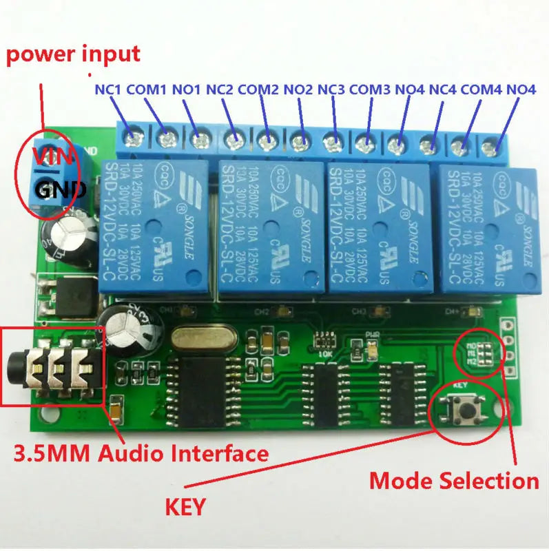 AD22B04 4CH DTMF Relay Module – MT8870 Phone Voice Remote Control Switch with 8 Modes 10A Output for Smart Home LED Motor
