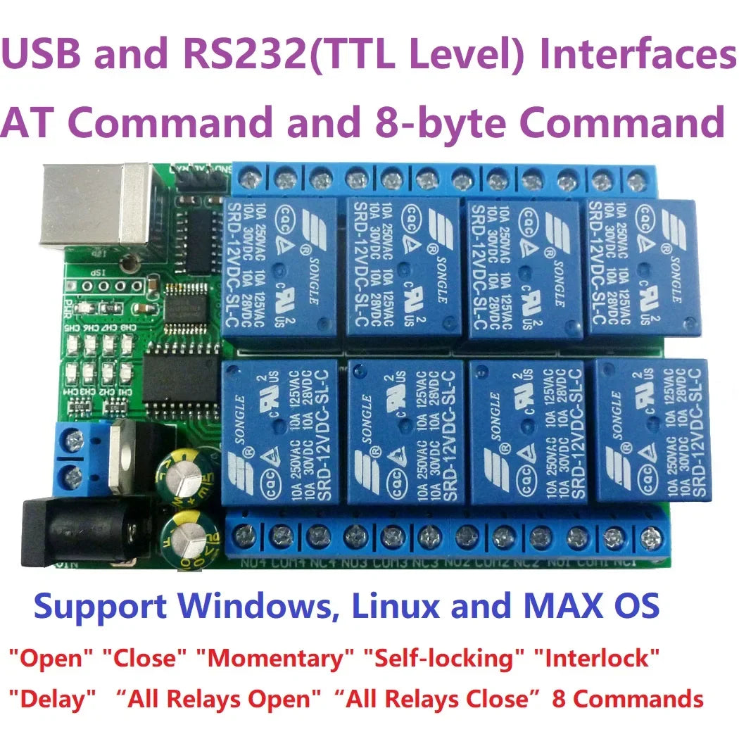UD23A08 8-Channel Serial Relay Controller – USB/TTL/RS232 Multi-Voltage Smart Switch for PLC Automation & Industrial Control