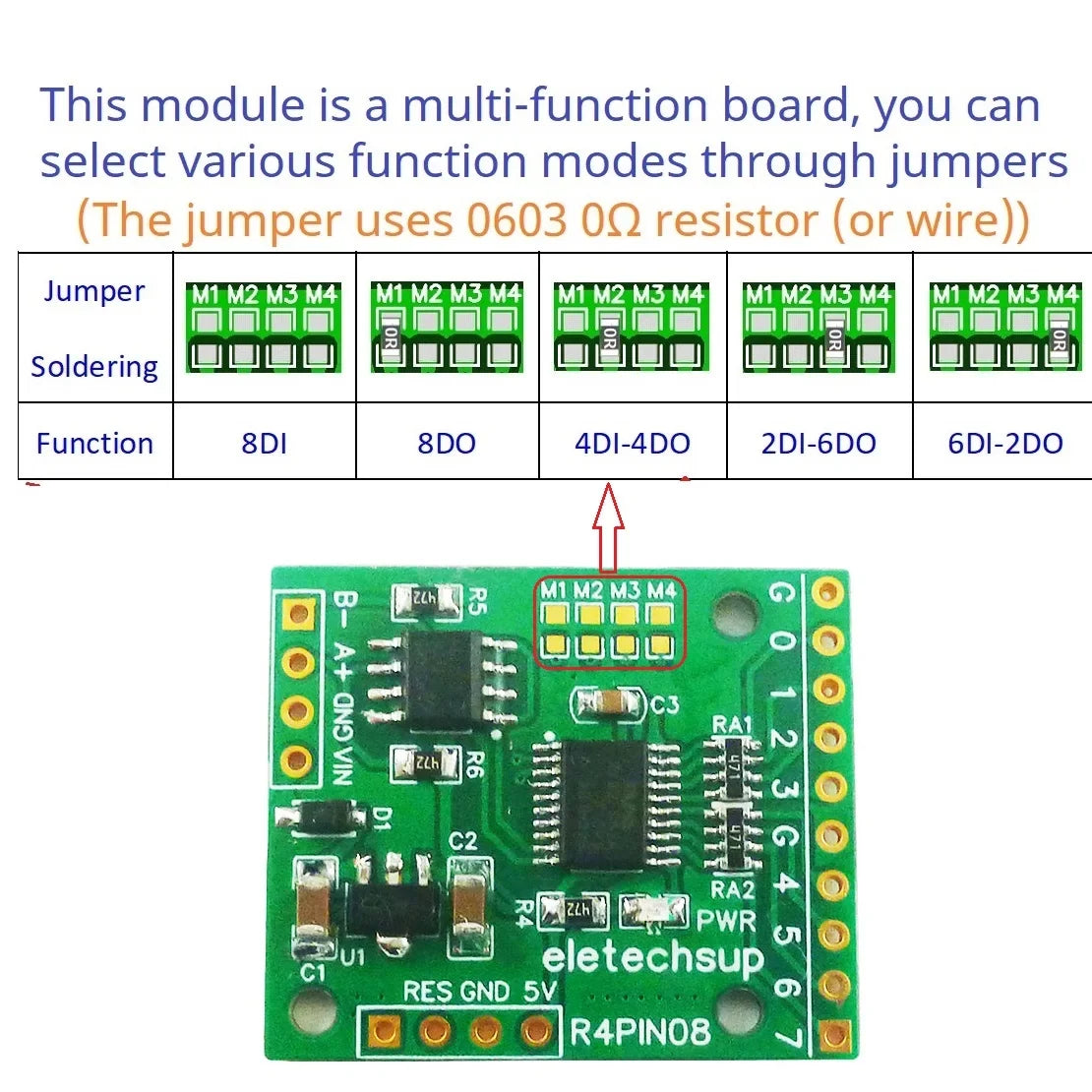 R4PIN08 8CH Multifunction RS485 IO Core Board – 2.54mm Pin Configurable Digital Input Output Module Modbus RTU for PLC HMI Remote IO Expansion