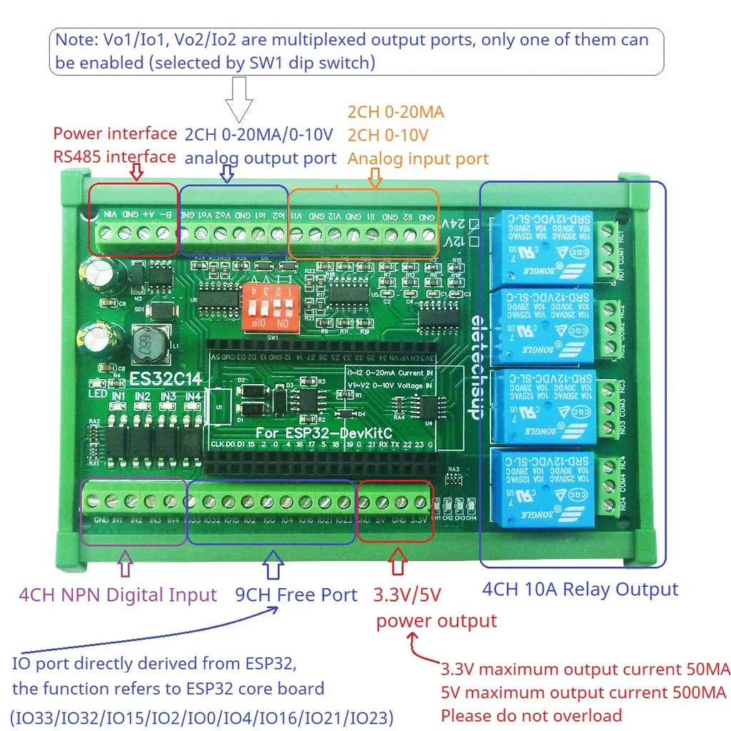 ES32C14 ESP32 Multifunction Expansion Board 2AO 2AI 4DI 4DO for Arduino WEB MQTT Ethernet Network Http