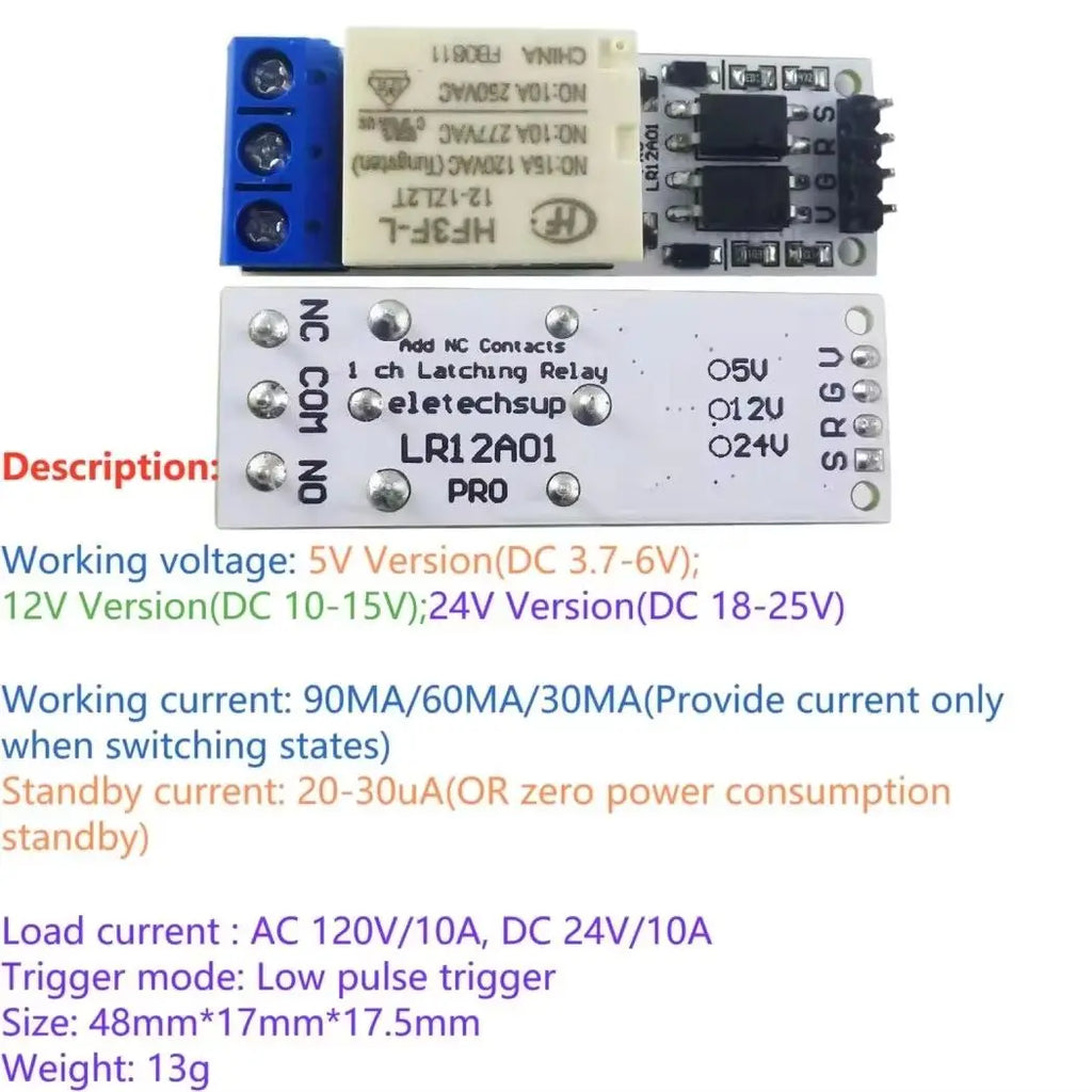 LR12A01 PRO DC 5V 12V 24V Bistable Self-locking Flip-Flop Latch Switch Board for Arduino ESP32 Magnetic Latching Relay Module
