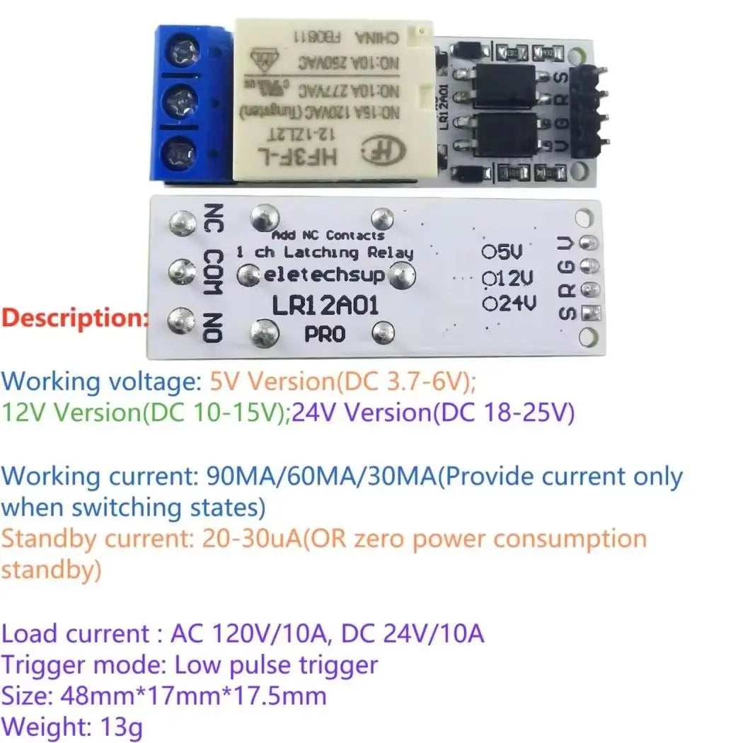 LR12A01 PRO DC 5V 12V 24V Bistable Self-locking Flip-Flop Latch Switch Board for Arduino ESP32 Magnetic Latching Relay Module