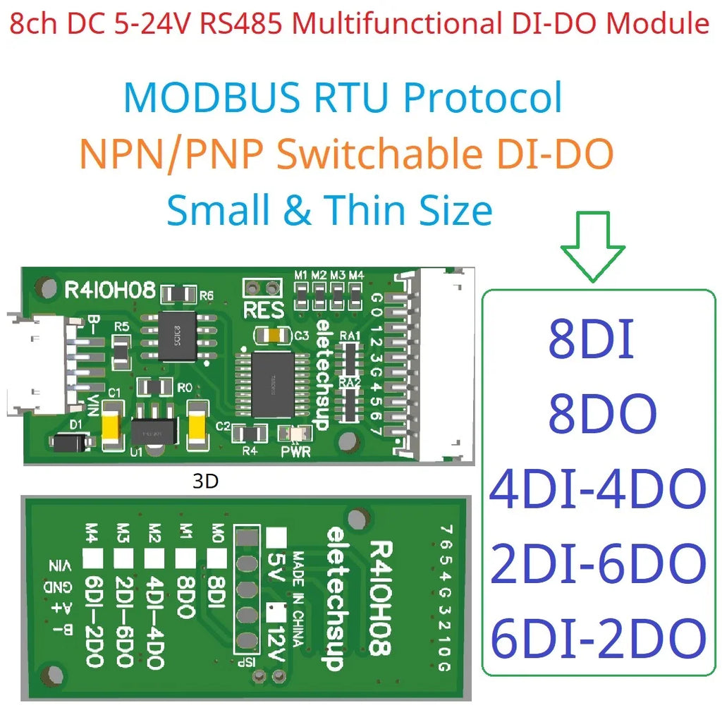 R4IOH08 Mini 8CH RS485 Multifunction DI-DO Module – 5 Modes NPN/PNP Configurable Digital IO Board Modbus RTU for PLC Expansion DC 5V/12V/24V