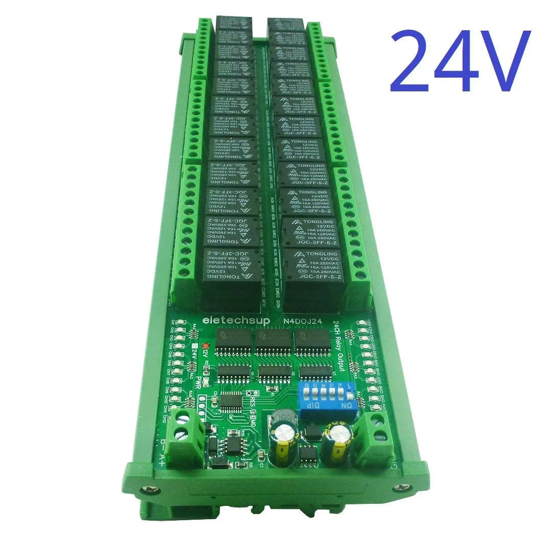 N4DOJ24 24CH RS485 Modbus RTU Relay Module DC 12V 24V PLC IO Expansion Board DIN Rail Mount Controller for Industrial Automation Motor
