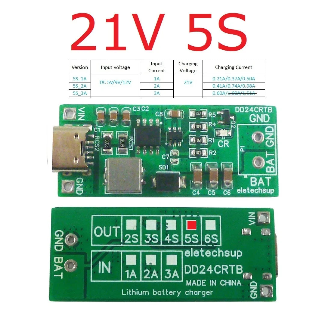 DD24CRTB 2-6S Type-C Boost Charger Module – 5V to 8.4V/12.6V/16.8V/21V/25.2V for 7.4V-22.2V Li-ion LiPo 18650 Battery Pack