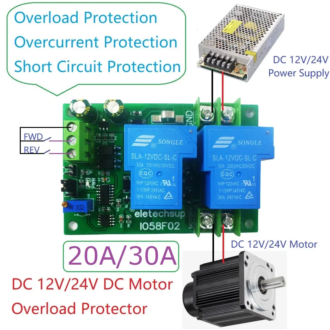 10A 20A 30A DC 12V 24V Brushed Motor Overload OveDC 12V 24V Power Brurcurrent Short Circuit Protector Forward Reverse Controller IO57E02 IO58F02