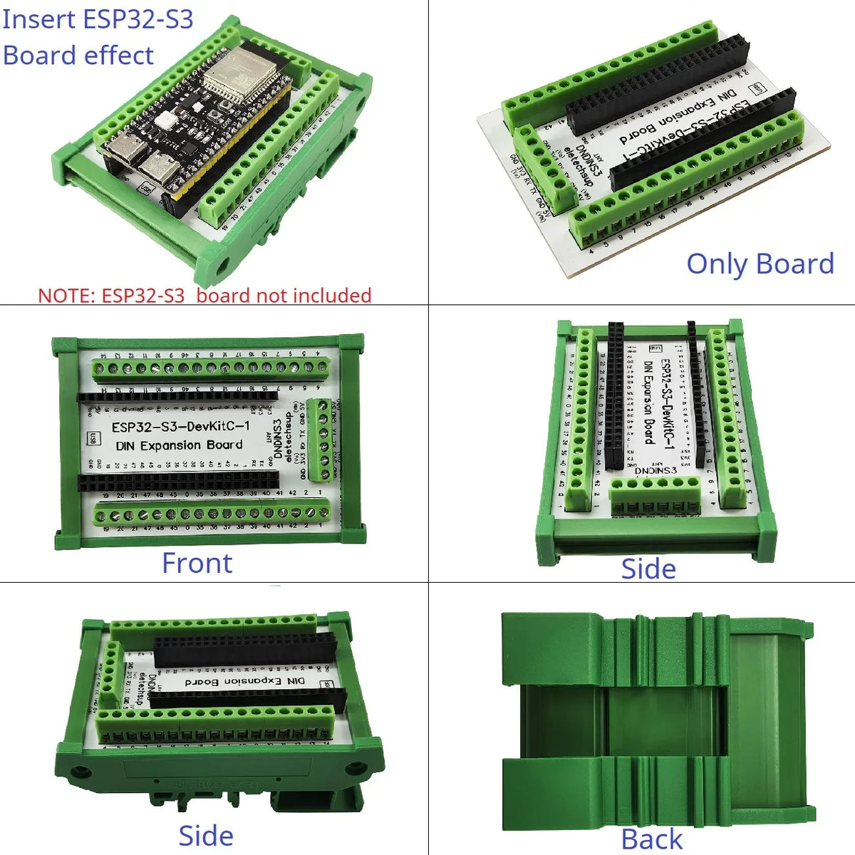 DNDINS3 ESP32-S3 Screw Terminal Expansion Module DIN Rail Mount Adapter 3.96mm 26-16AWG Wire Range Industrial IoT DIY