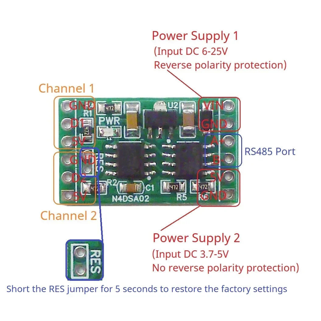 N4DSA02 2CH DS18B20 RS485 Temperature Module – -55~125°C Modbus RTU Digital Temperature Collector with ±0.5°C Accuracy for PLC SCADA
