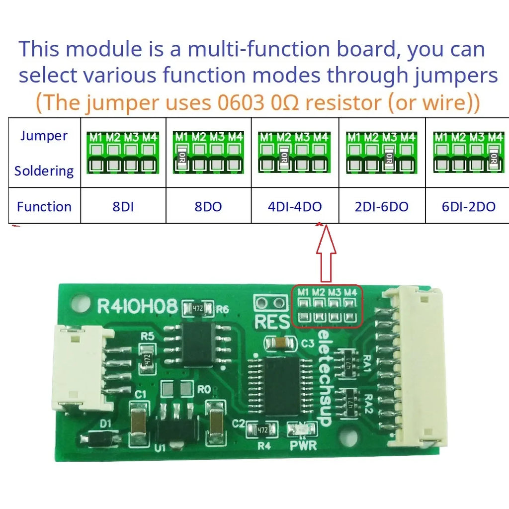 R4IOH08 Mini 8CH RS485 Multifunction DI-DO Module – 5 Modes NPN/PNP Configurable Digital IO Board Modbus RTU for PLC Expansion DC 5V/12V/24V