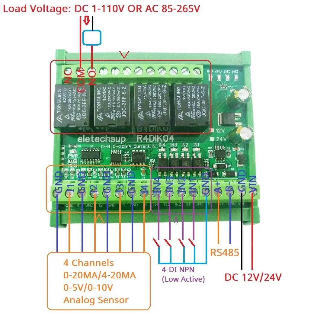 R4DIK04 R4DVI04 Modbus RTU RS485 Remote IO Module 4AI 4DI 4DO 4-20mA 0-20mA 0-5V 0-10V Relay Board 12V 24V
