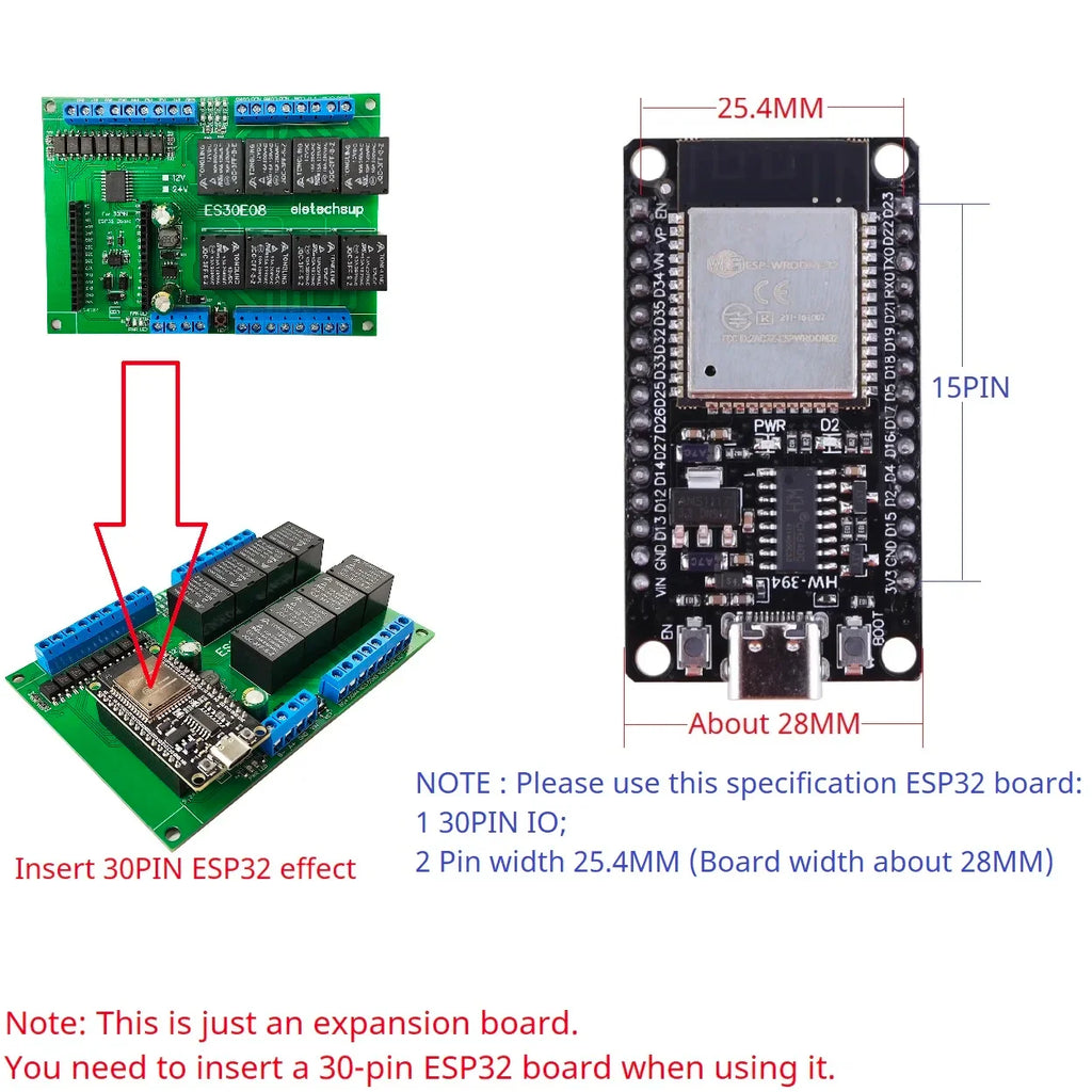 ES30E08 8DI 8DO Relay Module RS485 PLC Controller Shield for 30Pin ESP32 Development Board DC 12V 24V NPN Input