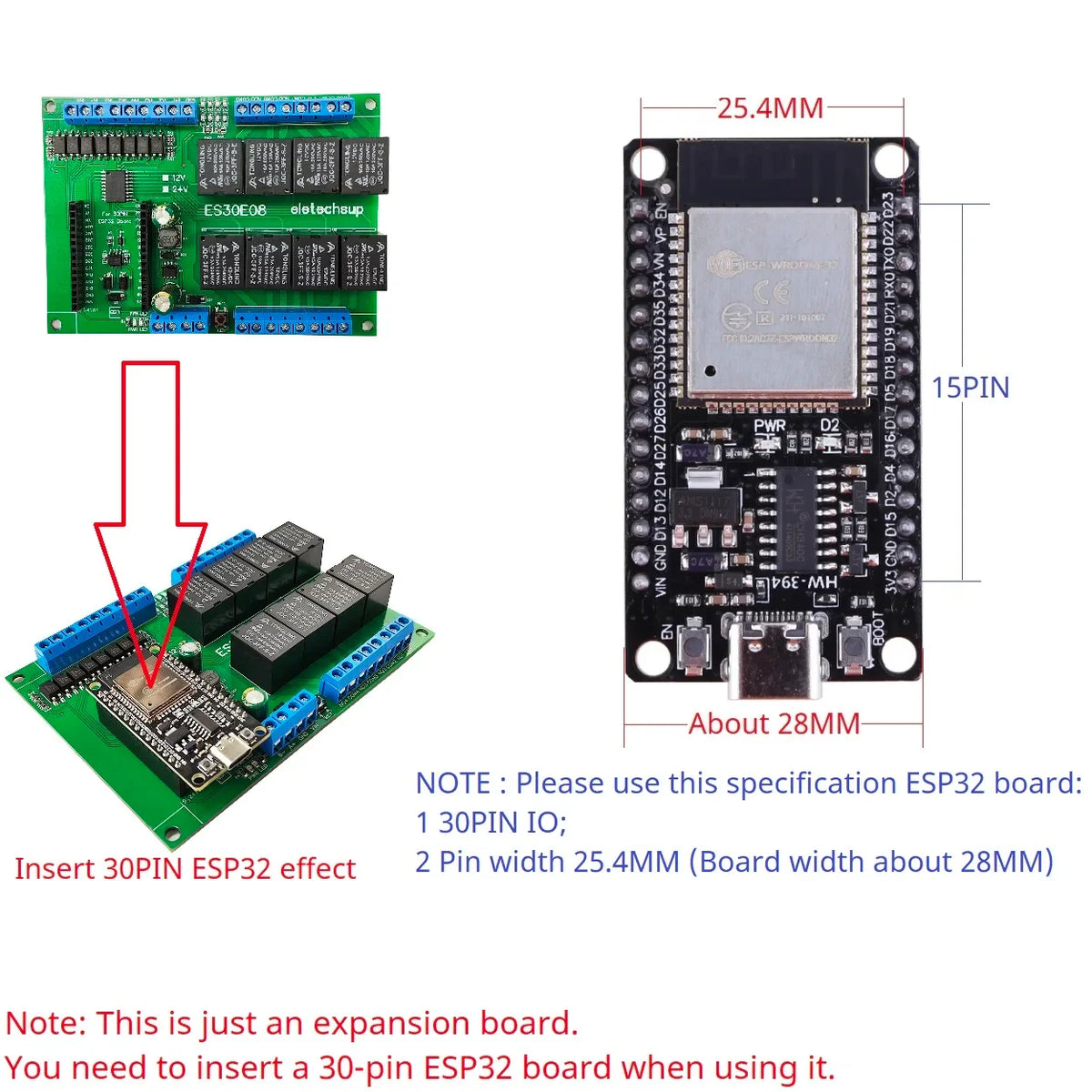 ES30E08 8DI 8DO Relay Module RS485 PLC Controller Shield for 30Pin ESP32 Development Board DC 12V 24V NPN Input