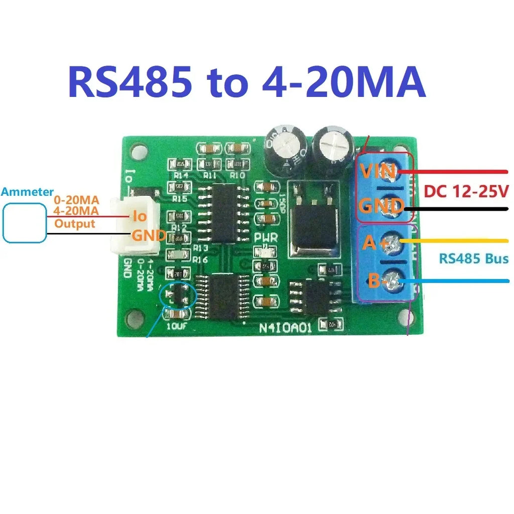 N4IOA01 RS485 to 4-20mA Signal Generator – Modbus RTU 03/06 DAC Analog Converter Module 12-24V for PLC Industrial Automation