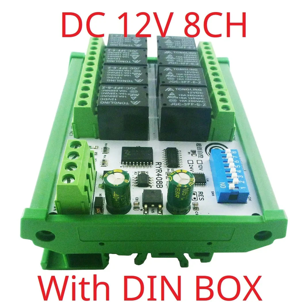 RYR408B 8CH 10A RS485 Relay Module – DIP Switch Configurable Modbus RTU PLC Remote IO Board with 8 Commands for Industrial Automation