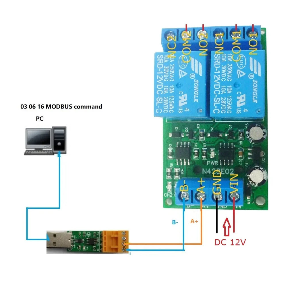 N428E02 2CH RS485 Modbus RTU Relay Module – DC 12V 10A Serial Port Switch Board with 6 Commands for PLC PTZ Motor Industrial Control