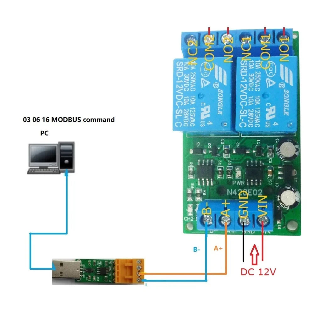 N428E02 2CH RS485 Modbus RTU Relay Module – DC 12V 10A Serial Port Switch Board with 6 Commands for PLC PTZ Motor Industrial Control