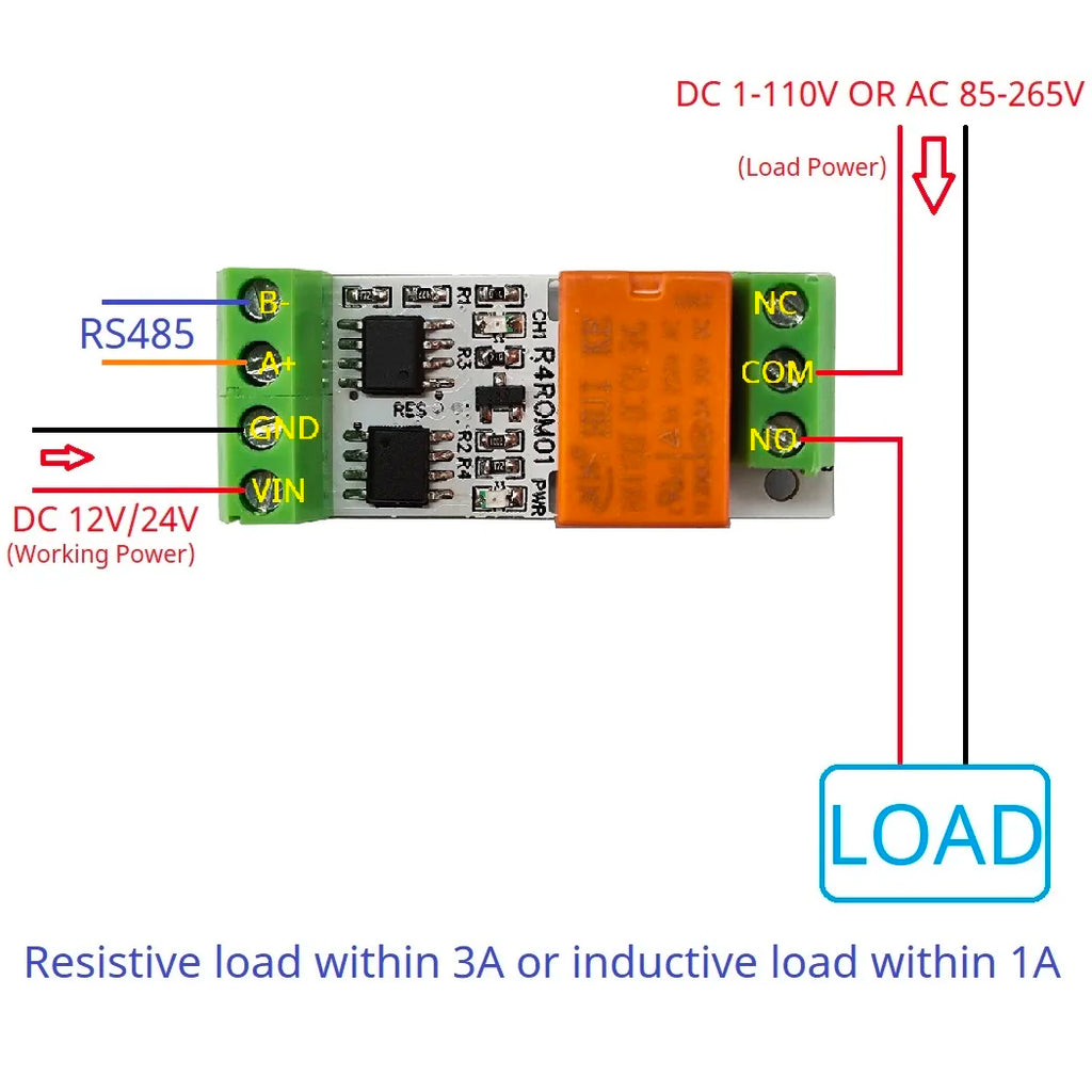 R4ROM01 3A Mini RS485 Relay Module – Low Noise 5V/12V/24V Modbus RTU Remote IO Board with 6 Control Commands for PLC Smart Home