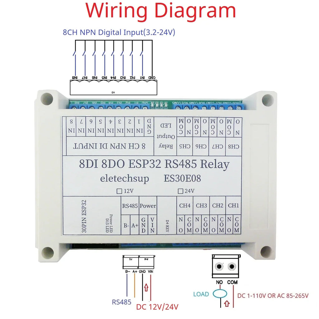 ES30E08 8DI 8DO Relay Module RS485 PLC Controller Shield for 30Pin ESP32 Development Board DC 12V 24V NPN Input