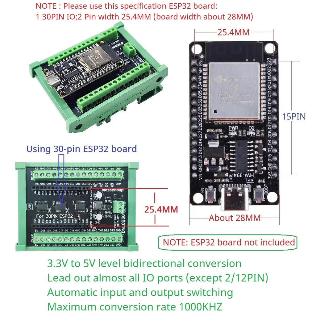 DNLCB30 ESP32 3.3V 5V Bidirectional Level Converter High Speed 1MHz IO Shifter for UART SPI I2C ESP32 30P Expansion Board Din Rail Mount