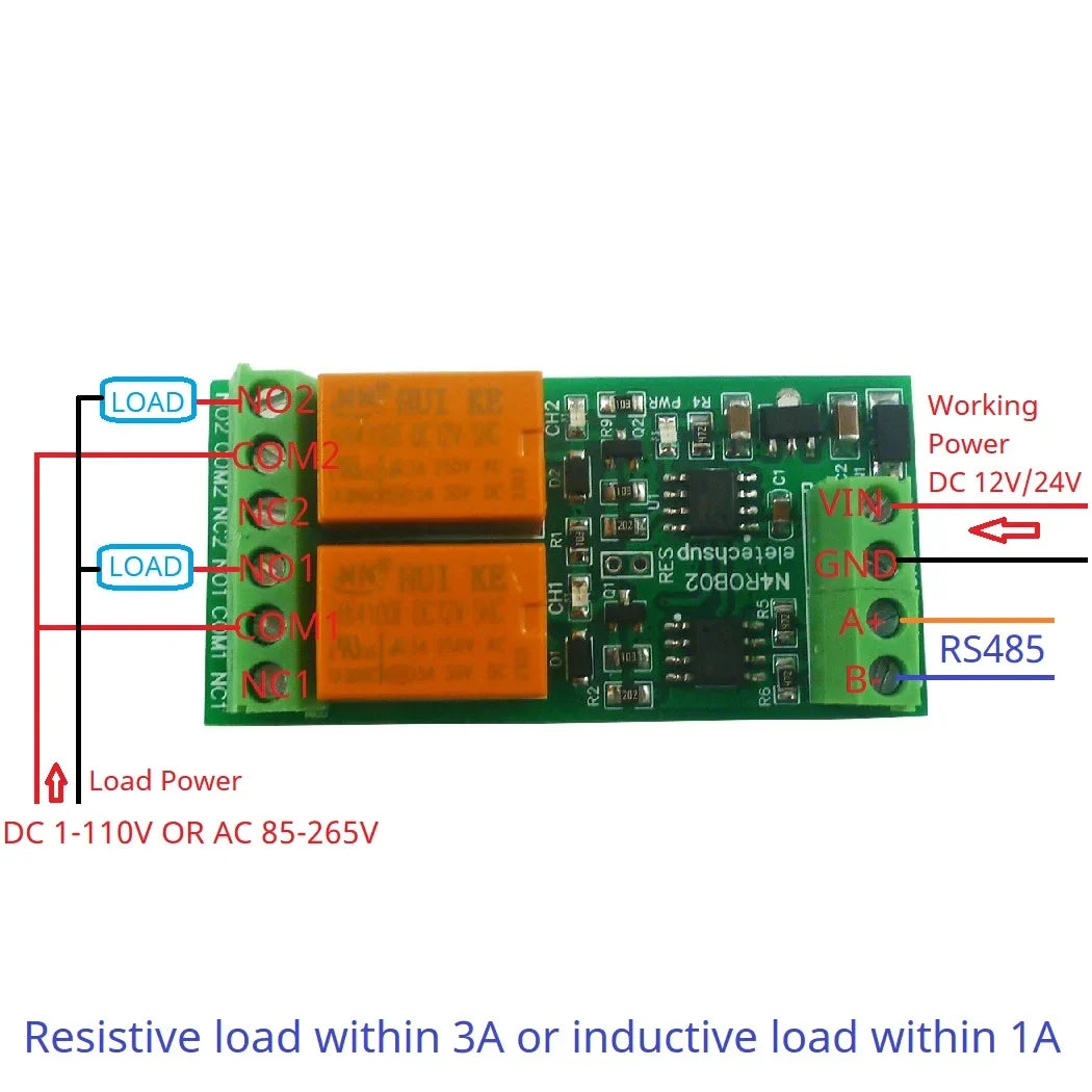 N4ROA01 N4ROB02 1-2CH 3A RS485 UART Relay Module – DC 12V/24V Serial Port Switch with Modbus RTU for PLC Arduino Smart Home
