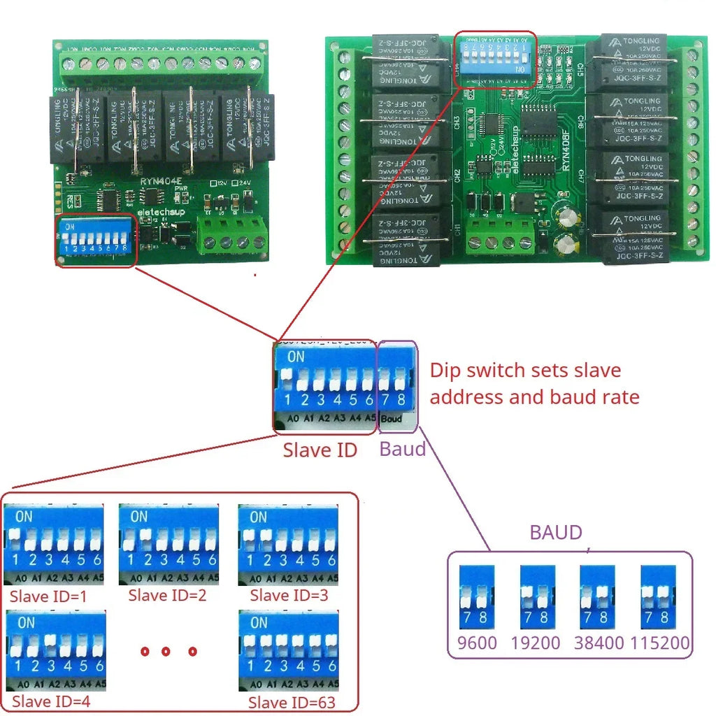 T73 Plug-in Relay Module – RS485 Modbus RTU Remote IO Controller with Momentary Latching Interlock Delay Switch for DIY Smart Home RYN404E RYN408F