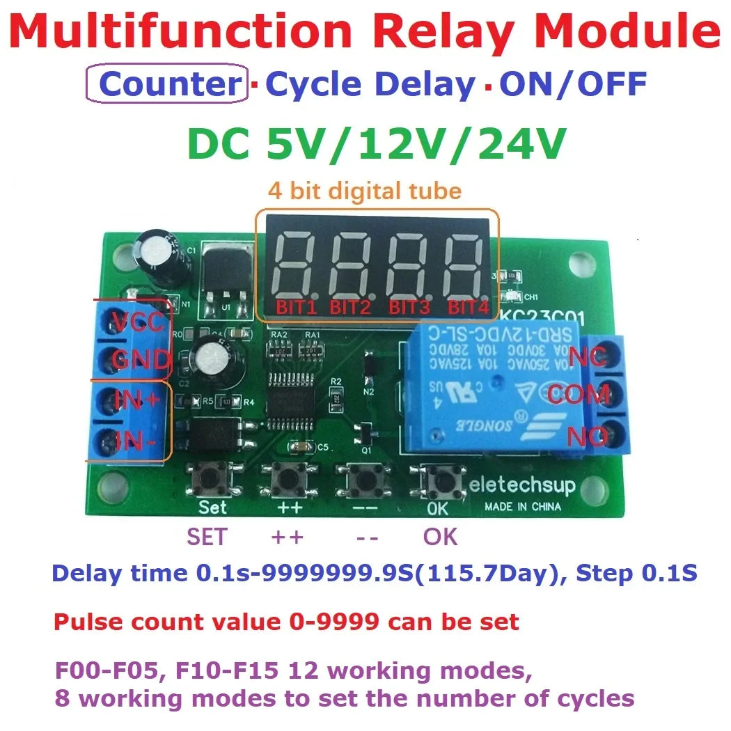 KC23C01 Multifunction Pulse Counter Relay Module – DC 5V 12V 24V Programmable Timer Delay Switch with 12 Modes 10A Output for PLC Automation