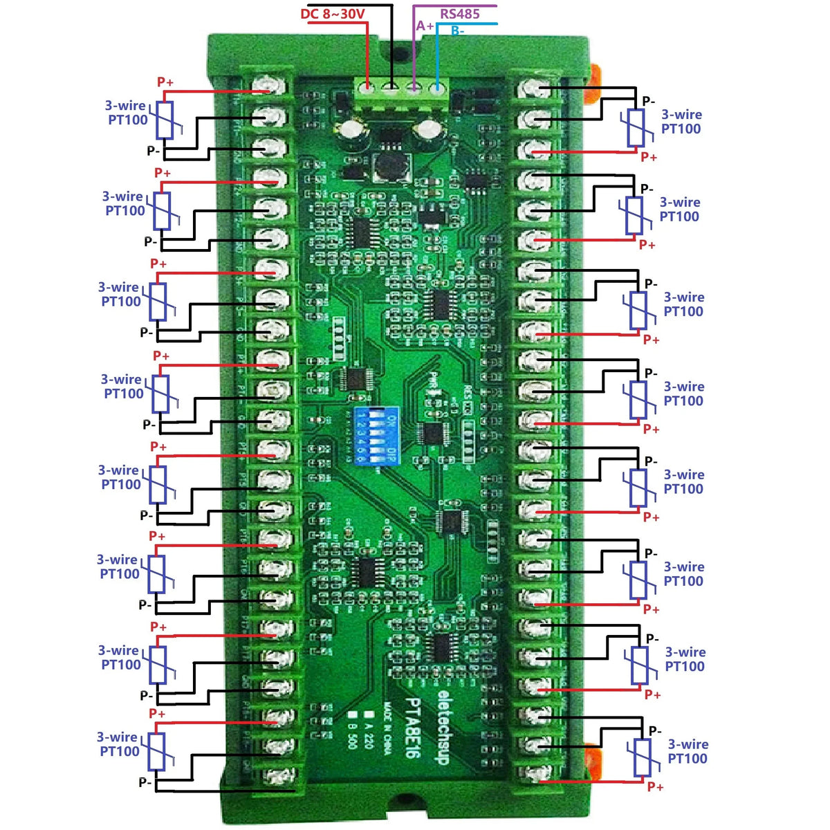 16CH PT100 Temperature Acquisition Module – DC 12/24V RS485 Modbus RTU Collector Board -40°C to +500°C for Industrial Monitoring PTA8E16