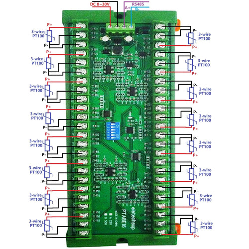 16CH PT100 Temperature Acquisition Module – DC 12/24V RS485 Modbus RTU Collector Board -40°C to +500°C for Industrial Monitoring PTA8E16