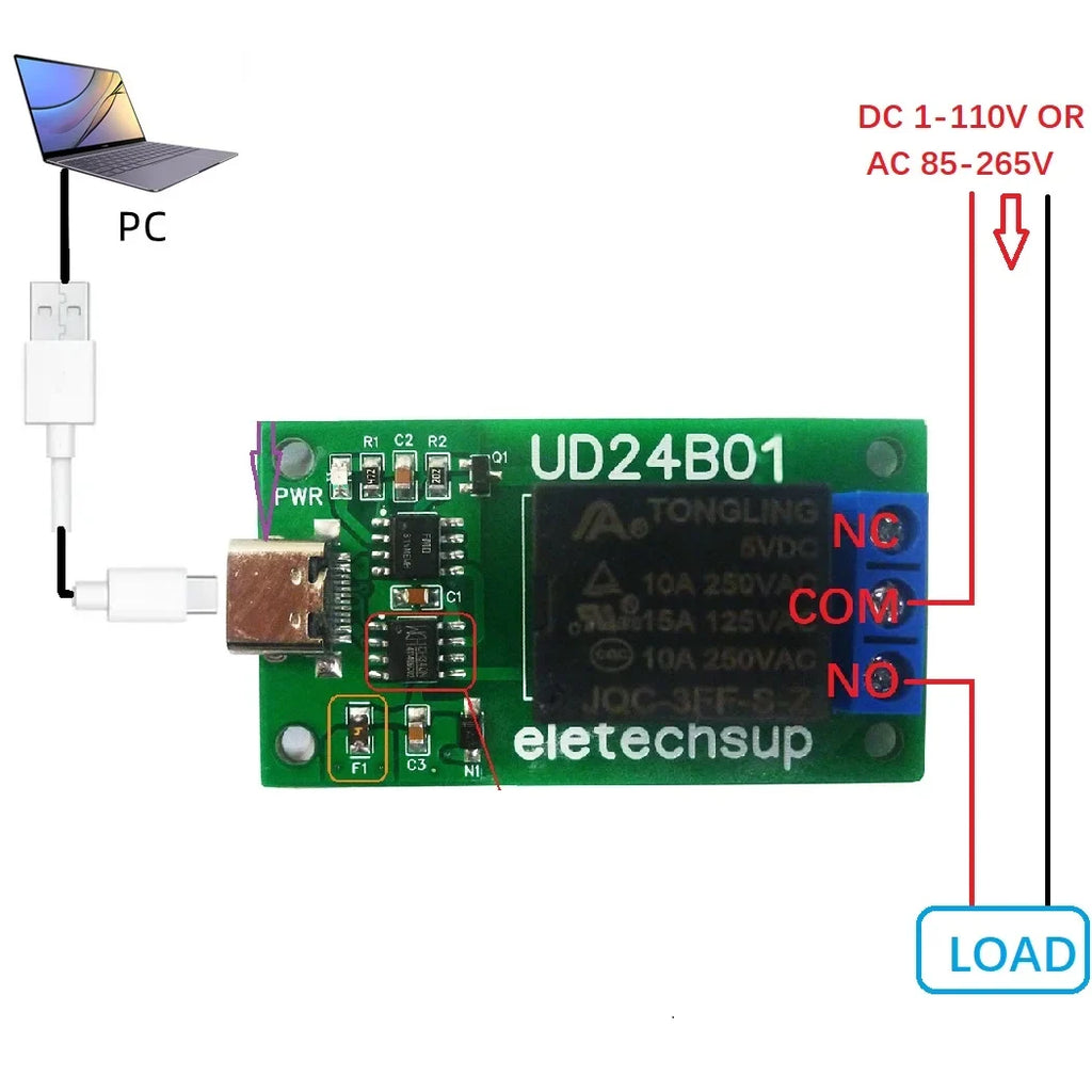 N229E01 UD24B01 1CH USB/TTL232 Relay Module – DC 5V/12V UART Serial Port Switch with Type-C for Arduino MEGA Raspberry Pi PC Control