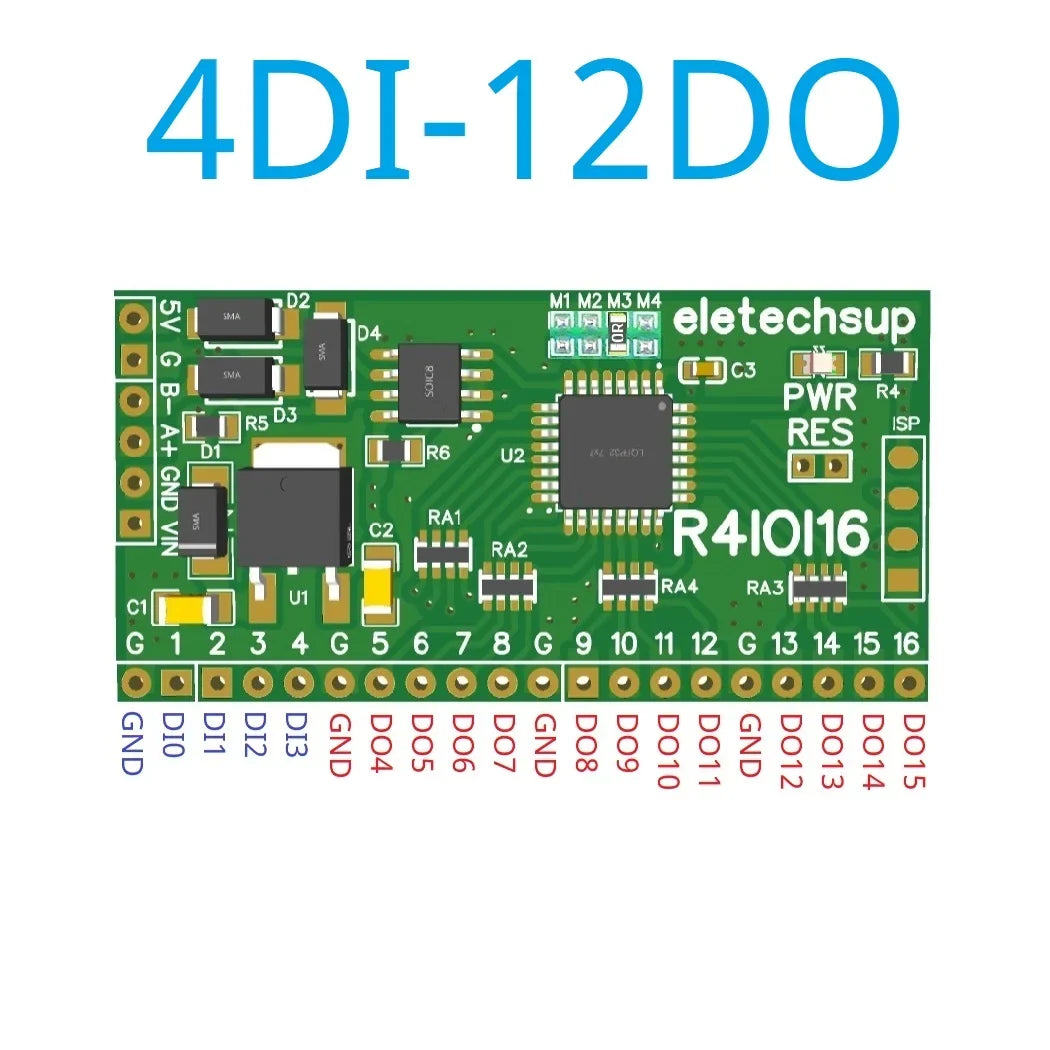 R4IOI16 16CH 5 IN 1 Modbus Rtu Digital IO Module RS485 NPN PNP DI-DO Pin Core Board Switching Input Output PLC HMI Remote IO Expanding