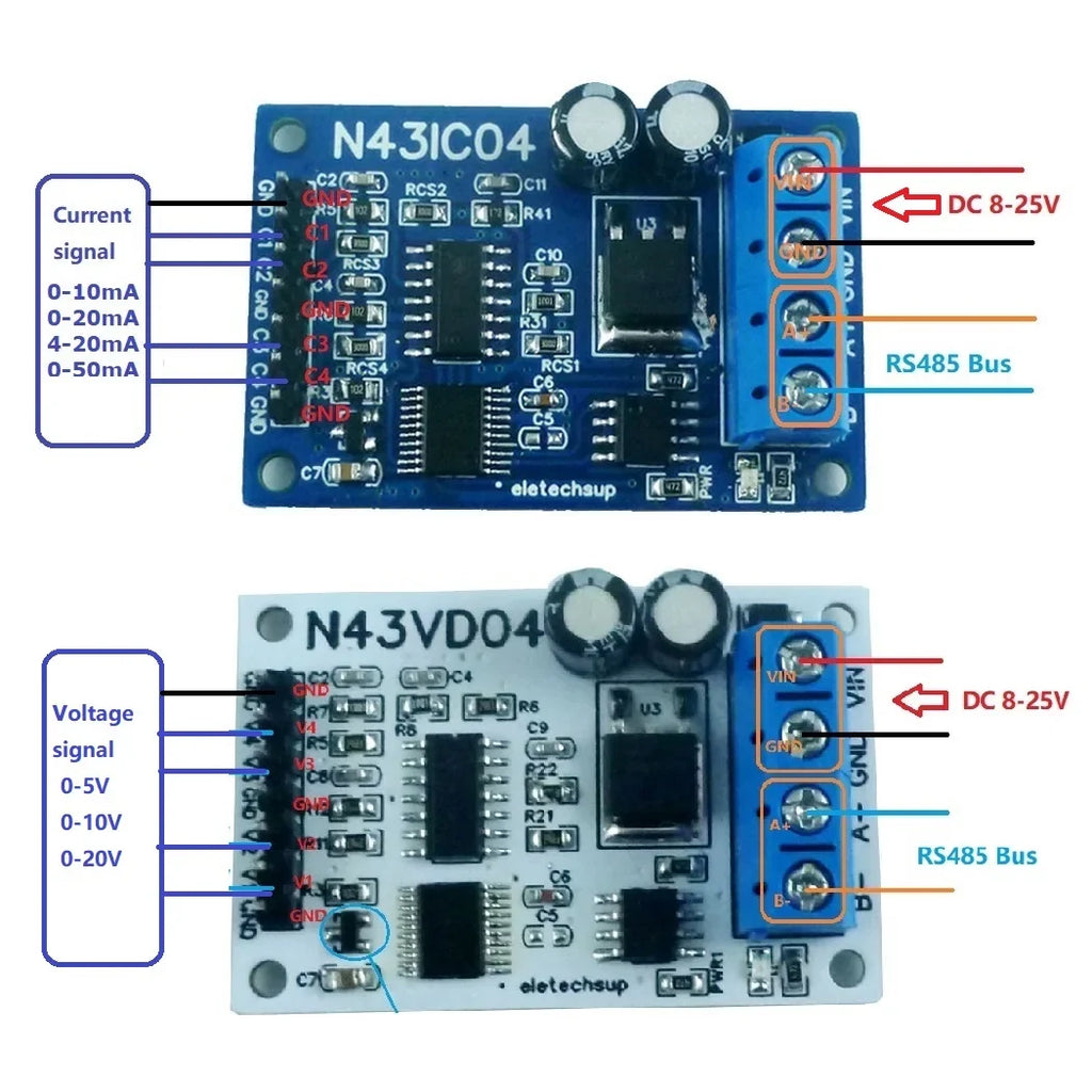 N43VD04 N43IC04 4CH 4-20mA/0-10V Analog Input Module – RS485 Modbus RTU ADC Data Acquisition Board for PLC SCADA Industrial Automation