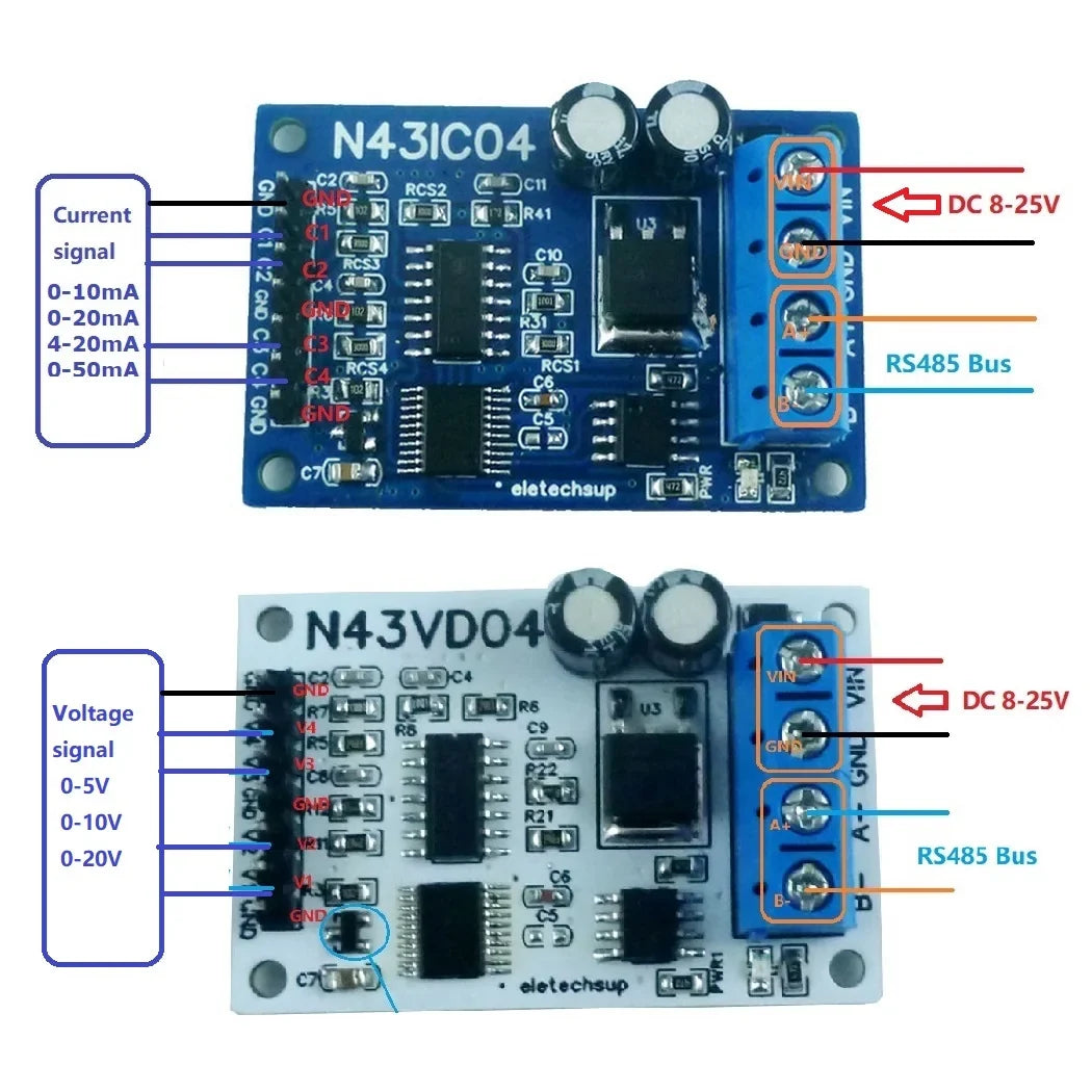 N43VD04 N43IC04 4CH 4-20mA/0-10V Analog Input Module – RS485 Modbus RTU ADC Data Acquisition Board for PLC SCADA Industrial Automation