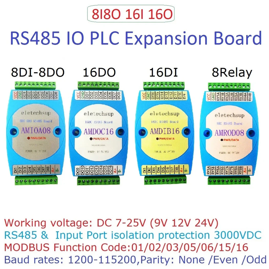 AMROD08 AMDOC16 AMDIB16 AMIOA08 8DI-8DO/16DI-16DO RS485 Modbus RTU PLC Expansion Board – DC 9-24V Isolated Digital I/O with 3000VDC Protection