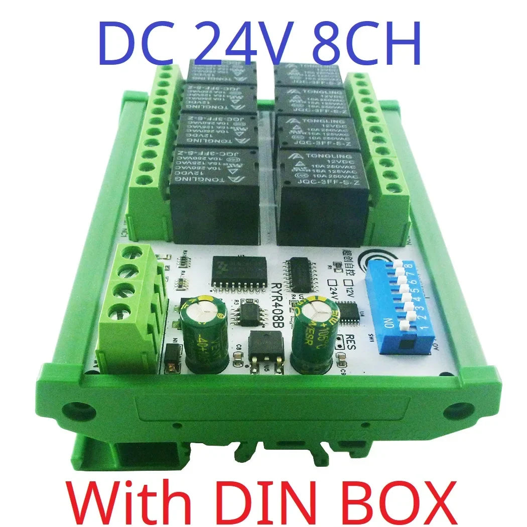 RYR408B 8CH 10A RS485 Relay Module – DIP Switch Configurable Modbus RTU PLC Remote IO Board with 8 Commands for Industrial Automation