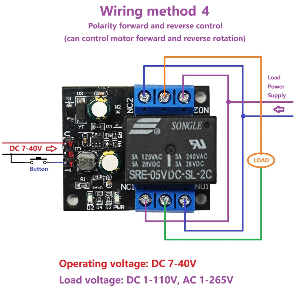 DR26F01 DPDT Self-Locking Relay Module – DC 7-40V 5A Bistable Latching Switch with Low Pulse Trigger for Motor Reverse Polarity Control