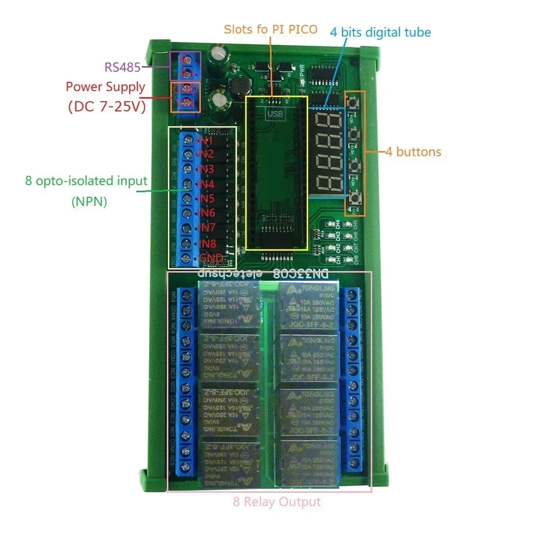 DN33C08 8CH RS485 Modbus RTU Relay Module – Multifunction Timer Expansion Board for Raspberry Pi Pico Simple PLC Python C++