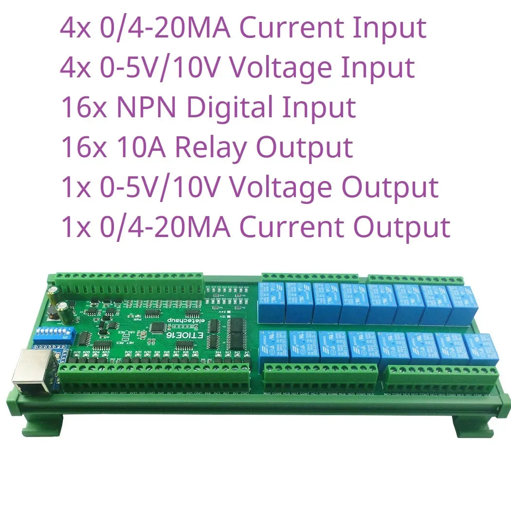 ETAIC04 ETVOD08 ETIOE16 Ethernet Remote IO Module – 4/8/16CH 10A Relay Modbus TCP RTU MQTT with RS485 DIN Rail for PLC SCADA